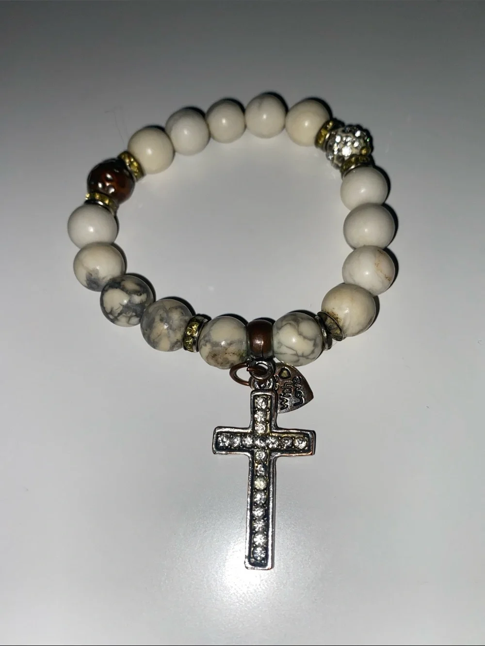White Howlite Beaded Stretch Bracelet with Crystal Cross Charm